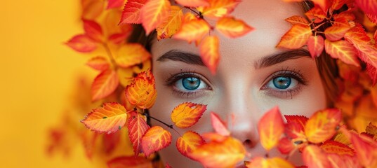 Autumn Beauty with Colorful Leaves Surrounding Face