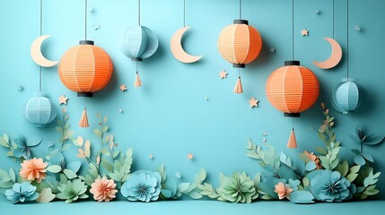Fototapete - Delightful paper cut style illustration of festive lanterns surrounded by stars and crescent moons in pastel colors on a soft blue backdrop providing ample room for text at the top