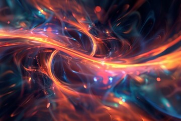 Poster - Vibrant abstract fiery swirls background with glowing orange and blue particles in a digital art wallpaper, exuding energy, motion, and fluid dynamics