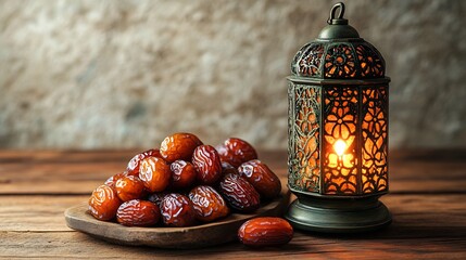 Poster - Delightful Ramadan arrangement with luscious dates closeup in the foreground and a beautifully crafted lantern on a wooden table set against a subtle textured white wall perfect for greetings