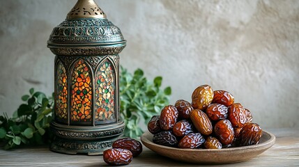 Poster - Delightful Ramadan arrangement with luscious dates closeup in the foreground and a beautifully crafted lantern on a wooden table set against a subtle textured white wall perfect for greetings
