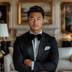 A 30-year-old Asian-American man wearing a sleek black tuxedo, standing confidently in an elegant living room.