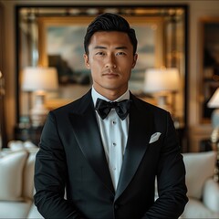 Poster - A 30-year-old Asian-American man wearing a sleek black tuxedo, standing confidently in an elegant living room.