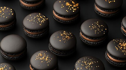 Poster - Black macarons with rich chocolate filling, arranged on a black background with golden accents for a luxurious pastry mockup.