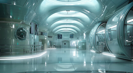 Poster - Mix of hyper futuristic architecture interior, focus on science and laboratory.