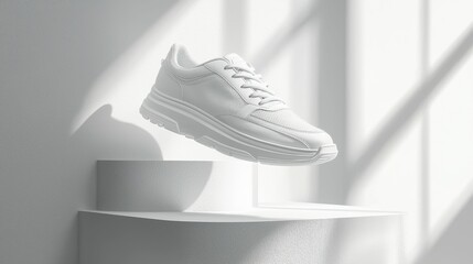 Wall Mural - A stylish white athletic shoe is showcased on a minimalist pedestal, illuminated by soft light, perfect for a modern presentation.