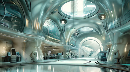 Poster - Mix of hyper futuristic architecture interior, focus on science and laboratory.