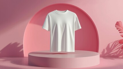 A modern mockup featuring a white t-shirt displayed in a pink environment, ideal for showcasing clothing designs in a stylish way.