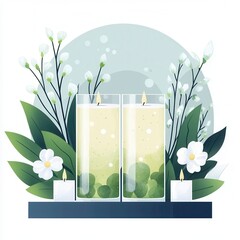 Wall Mural - Candles, Flowers and Green Leaves on a Shelf