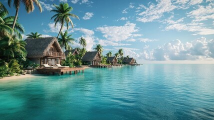 Minimalist tropical resort overlooking a serene turquoise seascape, with beachfront bungalows and luxury relaxation vibes.