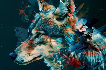 Majestic wolf portrait with an abstract paint splatter effect, blending realism and artistic expression