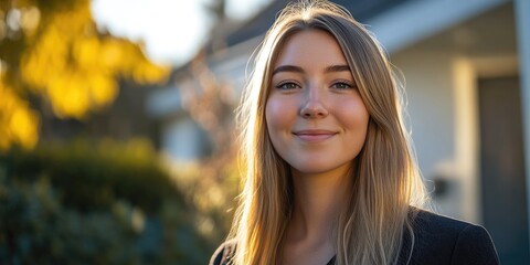 Successful female real estate agent standing outside luxury house