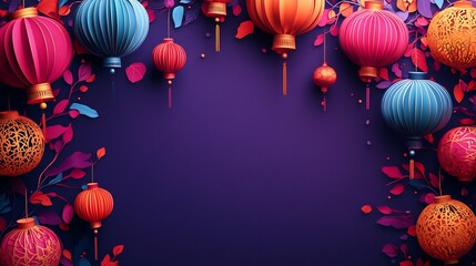 Poster - Dynamic paper cut style banner showcasing an array of colorful lanterns with detailed patterns on a dark purple background leaving space for text in the center