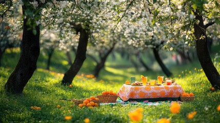 Wall Mural - Picnic amidst blooming orange trees, with a colorful tablecloth on the grass, capturing the essence of outdoor leisure in nature.