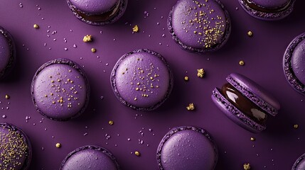 Poster - Purple macarons arranged with elegant decorations on a purple background, creating a vibrant and minimalist pastry mockup.