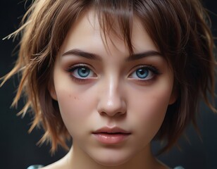  woman with blue eyes and a short haircut.