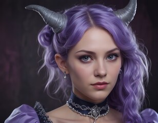  woman with purple hair and horns on her head.