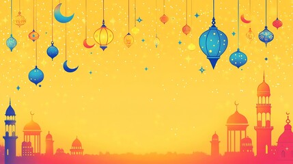 Poster - festive eid festival ramadan banner featuring playful cartoonstyle lanterns and crescent moons in bo