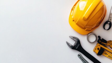 Several construction tools with various uses on a white background are neatly arranged as seen from above, showing carpentry creativity