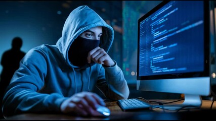 Poster - A hooded figure working intently at a computer, surrounded by a digital environment.