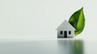 © Maksym - A stylized green leaf wrapping around a small, cozy house, illustrating the protective and sustainable nature of eco-friendly architecture, with a clean white background for emphas