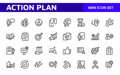 Line icons about action plan. Contains such icons as search strategy, target, scheme, timeline and workflow.Action plan set of web icons in line style. Strategy action planning icons.