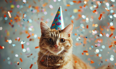 Happy cute cat a party hat celebrating at a birthday party, surrounding by falling confetti with copy space