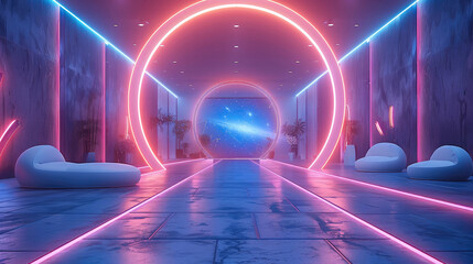 Poster - 3D rendering of a stage design with a circular LED screen, a large stage for a TV show. The modern virtual background studio set up is in the center.
