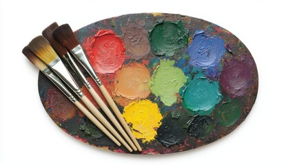 Vibrant palette of oil colors with brushes ready for artistic expression in creative pursuits and hobbies