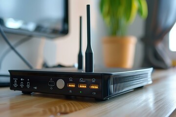 Modern black router with two antennas is standing on a wooden desk in a home office, ready to provide fast and reliable internet connectivity