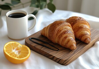 Delicious croissants and coffee served with fresh orange on a wooden board in bright daylight