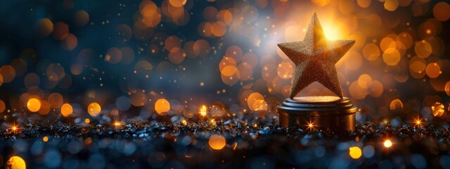 Wall Mural - glittering gold star trophy on black stand with bokeh light background