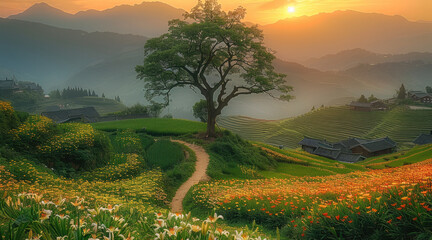 Poster - In the summer of China countryside landscape, with ancient camphor tree surrounded by colorful lilies and wildflowers in full bloom on undulating green terraced fields under sunset.