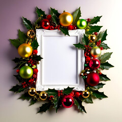 Christmas frame with holly berries and festivity ornaments.