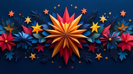 Poster - Festive paper cut style banner featuring a large central lantern adorned with geometric shapes and colorful stars set against a deep blue background with room for text at the bottom