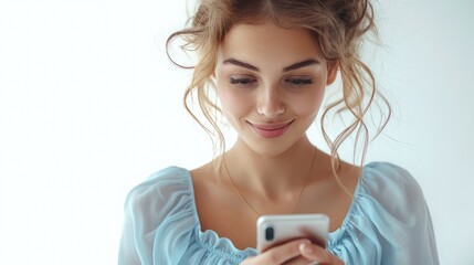 Sticker - Happy woman in a light blue blouse using her phone, isolated on a white background.