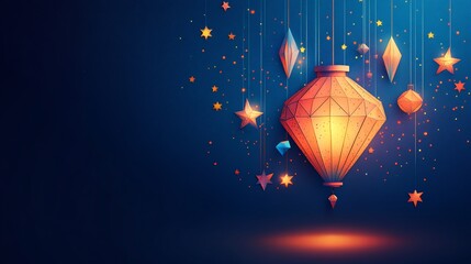 Poster - Festive paper cut style banner featuring a large central lantern adorned with geometric shapes and colorful stars set against a deep blue background with room for text at the bottom