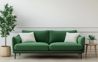 Elegant green sofa with decorative pillows in a modern living room setting during daylight