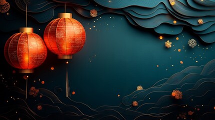 Poster - Festive paper cut style design featuring large lanterns with gold accents and swirling patterns hanging against a dark teal backdrop with space for text on the left