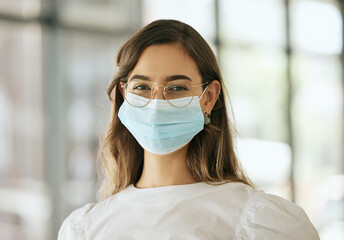 Sticker - Portrait, mask and woman in office, safety and confident with protection, virus and infection. Business, professional and allergy relief with face cover, employee and prevention of flu and health