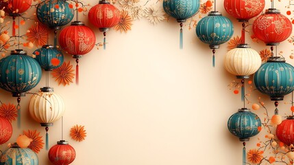 Poster - Festive paper cut style design featuring an array of colorful lanterns with decorative patterns on a soft cream background allowing for ample space for text at the top