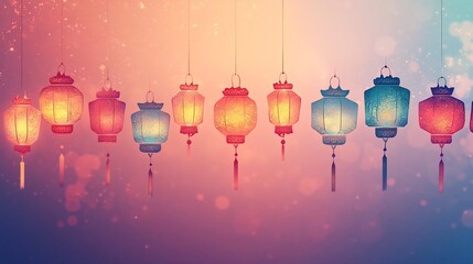 Poster - Festive paper cut style design showcasing a row of intricately designed lanterns illuminated in bright colors against a soft gradient background allowing ample space for text at the bottom