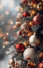 Close up of Christmas ornaments hanging on a frosted tree with warm lights in the background