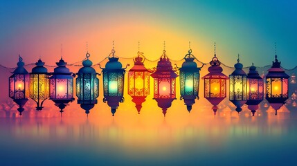 Poster - Festive paper cut style design showcasing a row of intricately designed lanterns illuminated in bright colors against a soft gradient background allowing ample space for text at the bottom