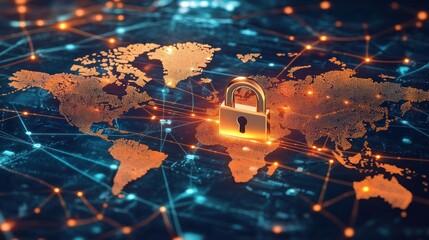Poster - A digital lock symbolizing cybersecurity over a global map with network connections.