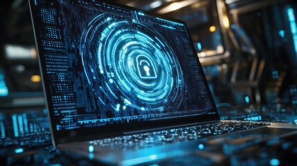 Poster - A laptop displaying a digital lock symbol, representing cybersecurity and data protection.