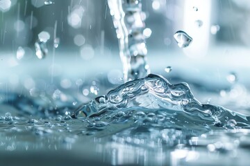 Poster - Water stream splashing on a blue water surface, creating bubbles and ripples