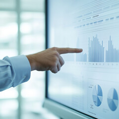 Close-up of hand pointing to financial graph on large screen in an office