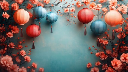 Poster - Festive paper cut style illustration displaying multiple colorful lanterns geometric patterns framed delicate vines and flowers on a light pastel background providing ample space for text on the right