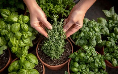 Growing fresh herbs in pots during a sunny afternoon at a home garden